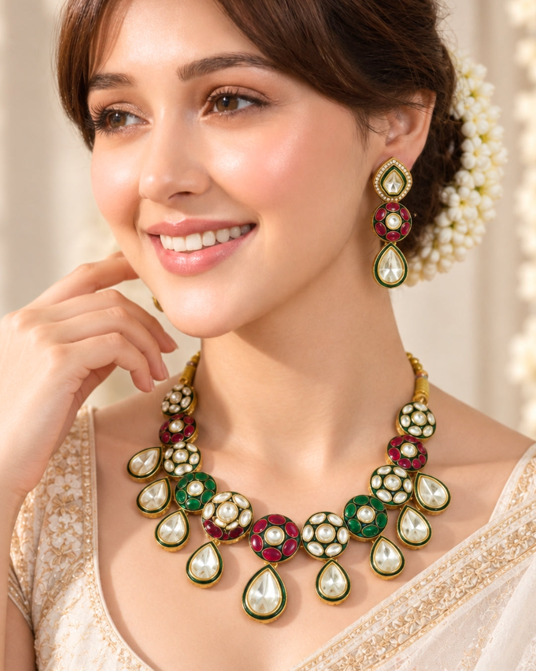 Gold Plated Kundan, Red & Green stone Gold Plated Necklace Set
