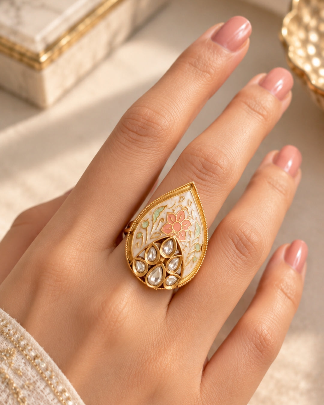 Gold Plated Teardrop Meenakari Adjustable Ring