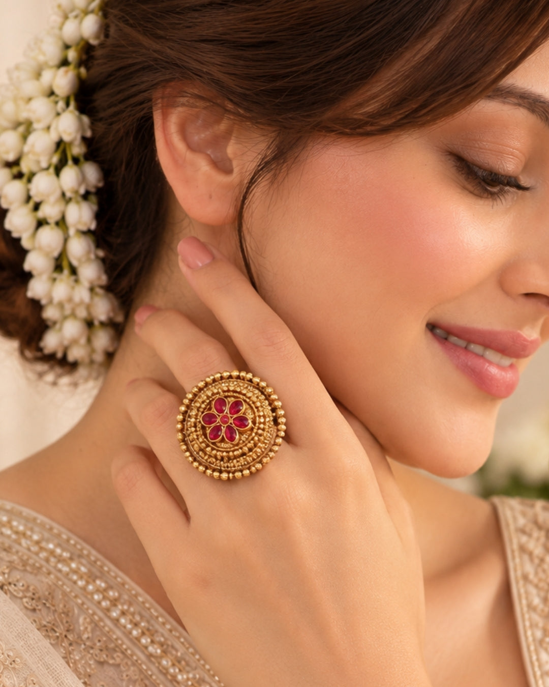 Antique Gold Plated Intricate Floral Ring