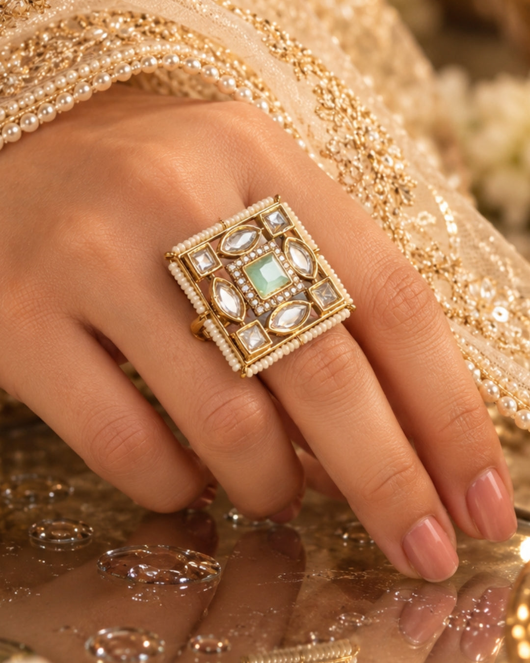 Square Gold Plated Kundan Mint Green & AD Pearl Ring