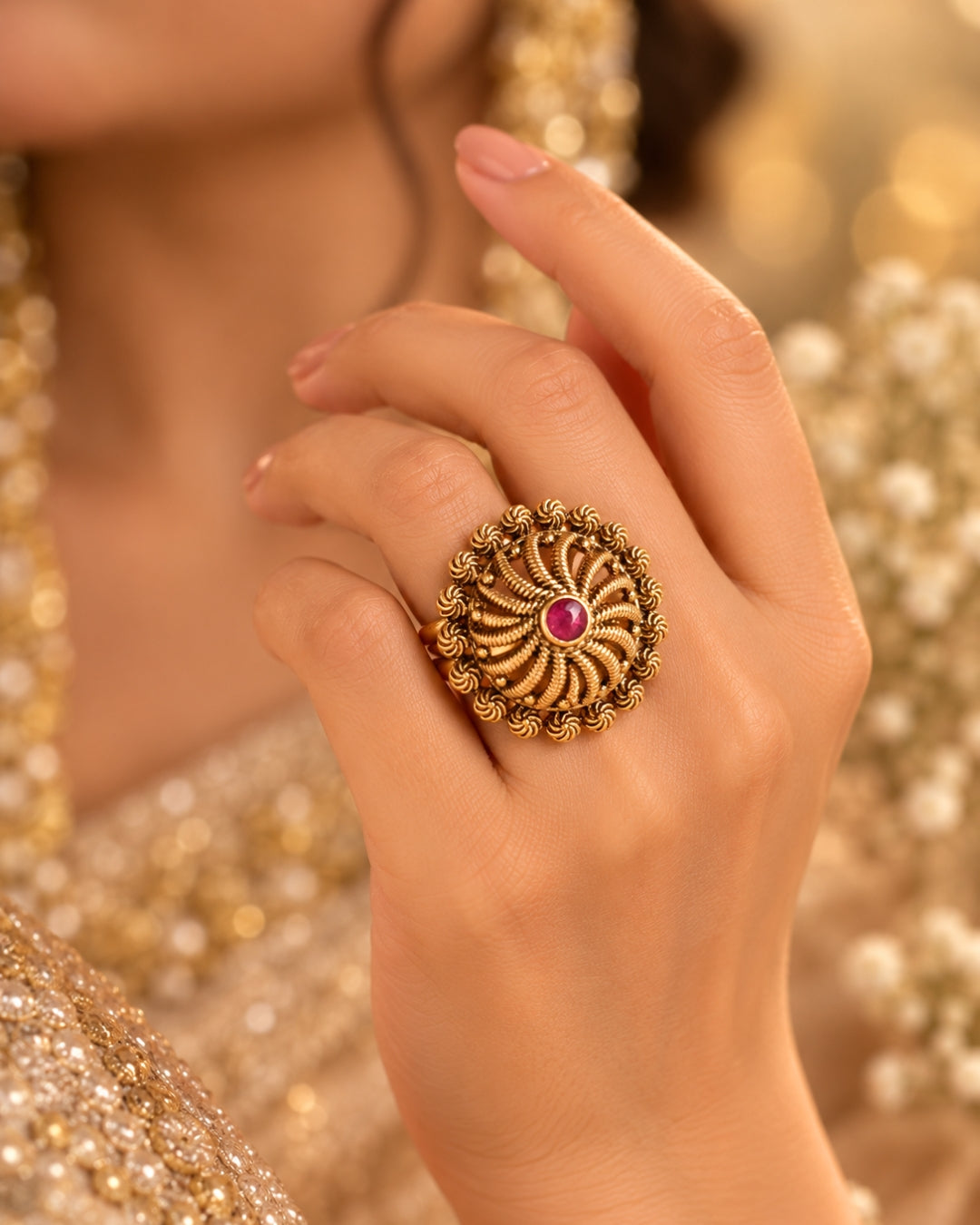 Gold Plated Ruby Studded Adjustable Ring