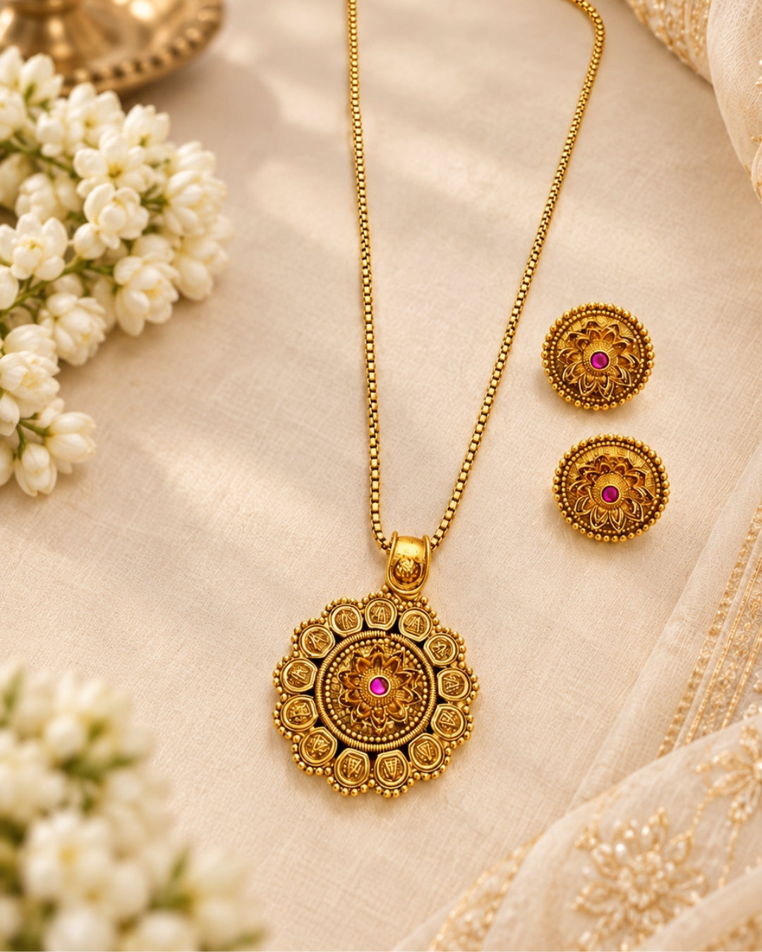 Floral Ruby Pendant Gold-Plated Necklace Set