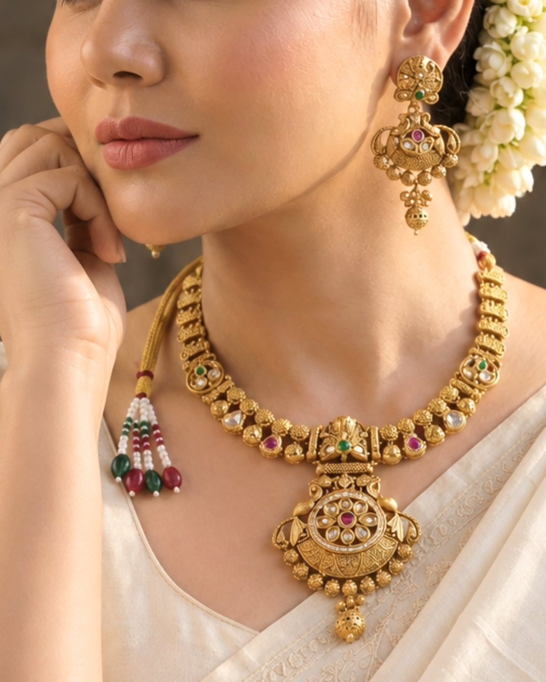 Gold-Plated Multi-stone Studded Necklace & Earrings Set