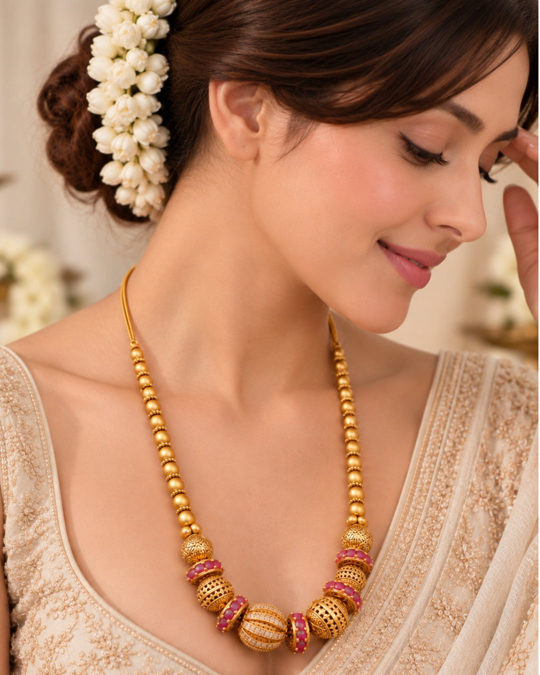Pink Stone & AD Gold-Plated Beaded Necklace
