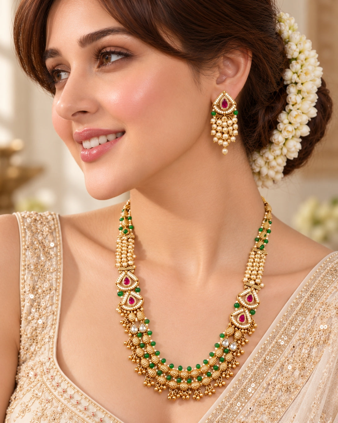 Jadau Gold Emerald and Ruby Traditional Necklace Set