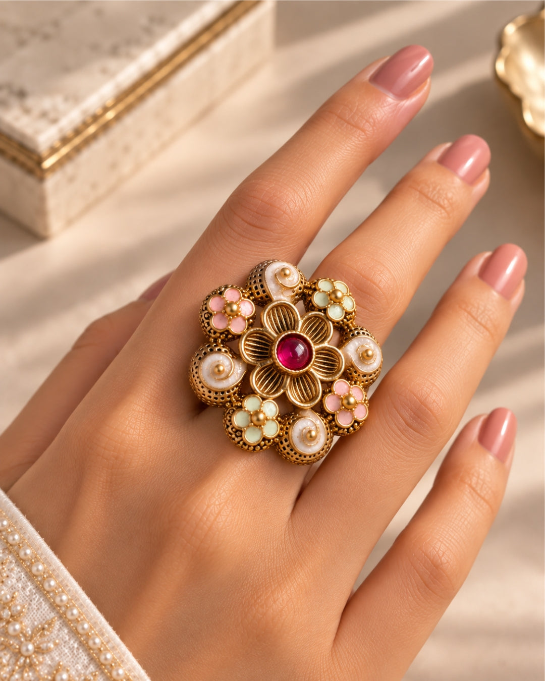Gold Plated Floral Meenakari Adjustable Ring