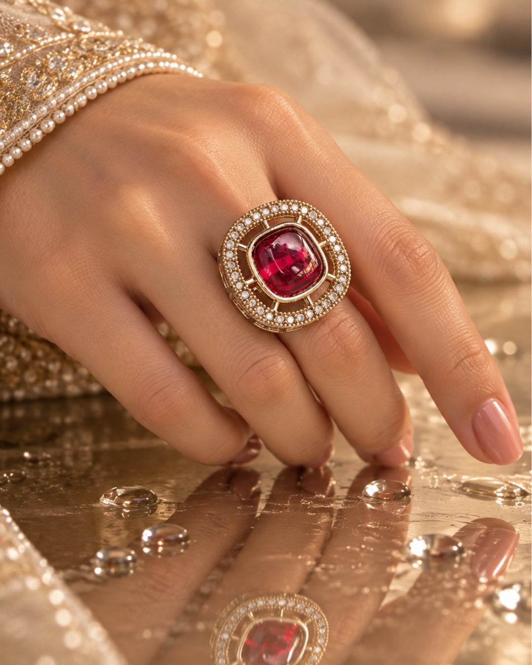 Square AD & Centre Ruby Studded Adjustable Ring