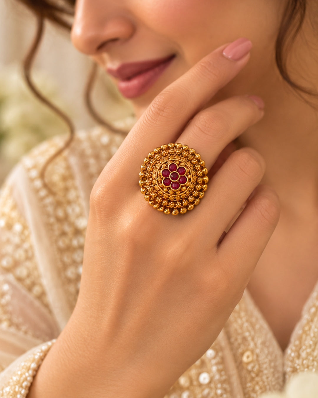 Antique Gold Plated Intricate Floral Ring