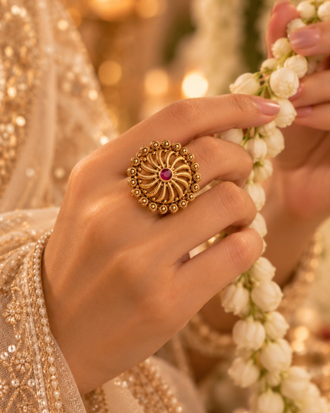 Gold Plated Ruby Studded Adjustable Ring