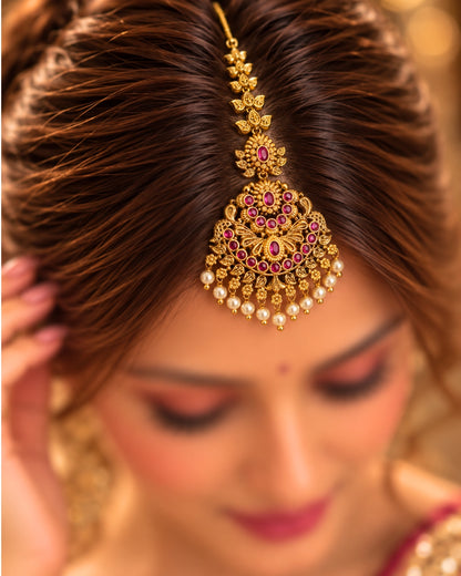 Red Stone Studded & Off-White Beaded Maang Tikka