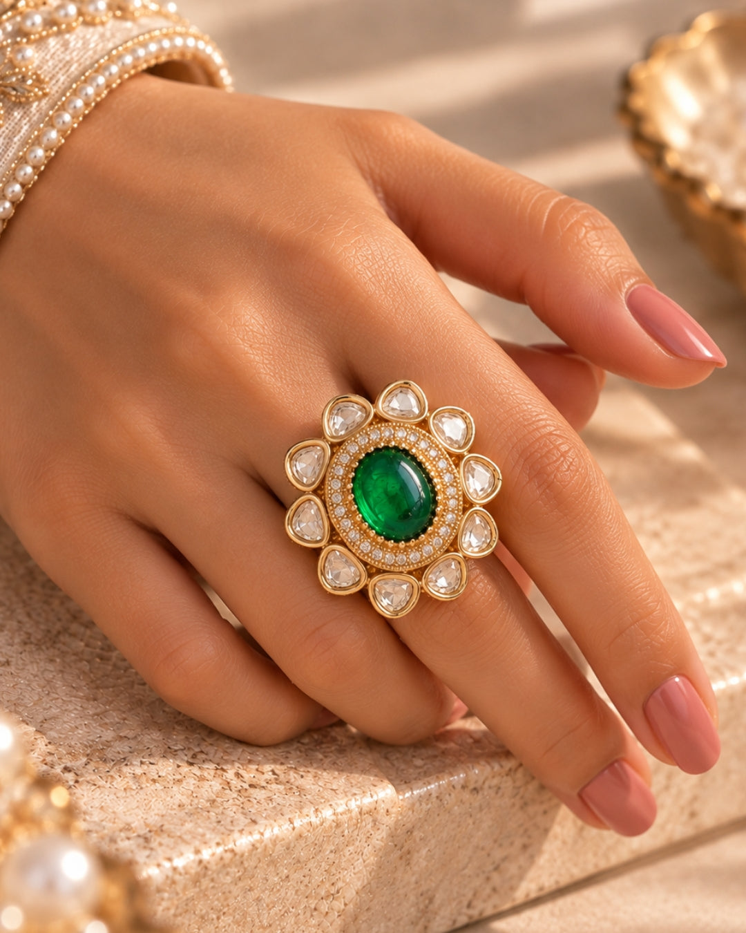 Oval Kundan Gold-Plated Green Stone & AD Ring