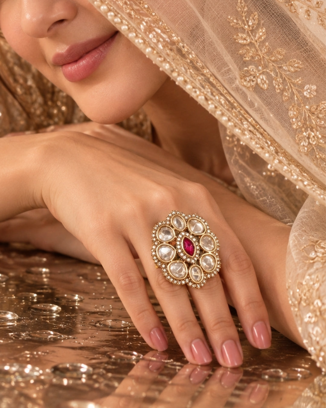Kundan Pink Stone AD Gold-Plated Adjustable Ring