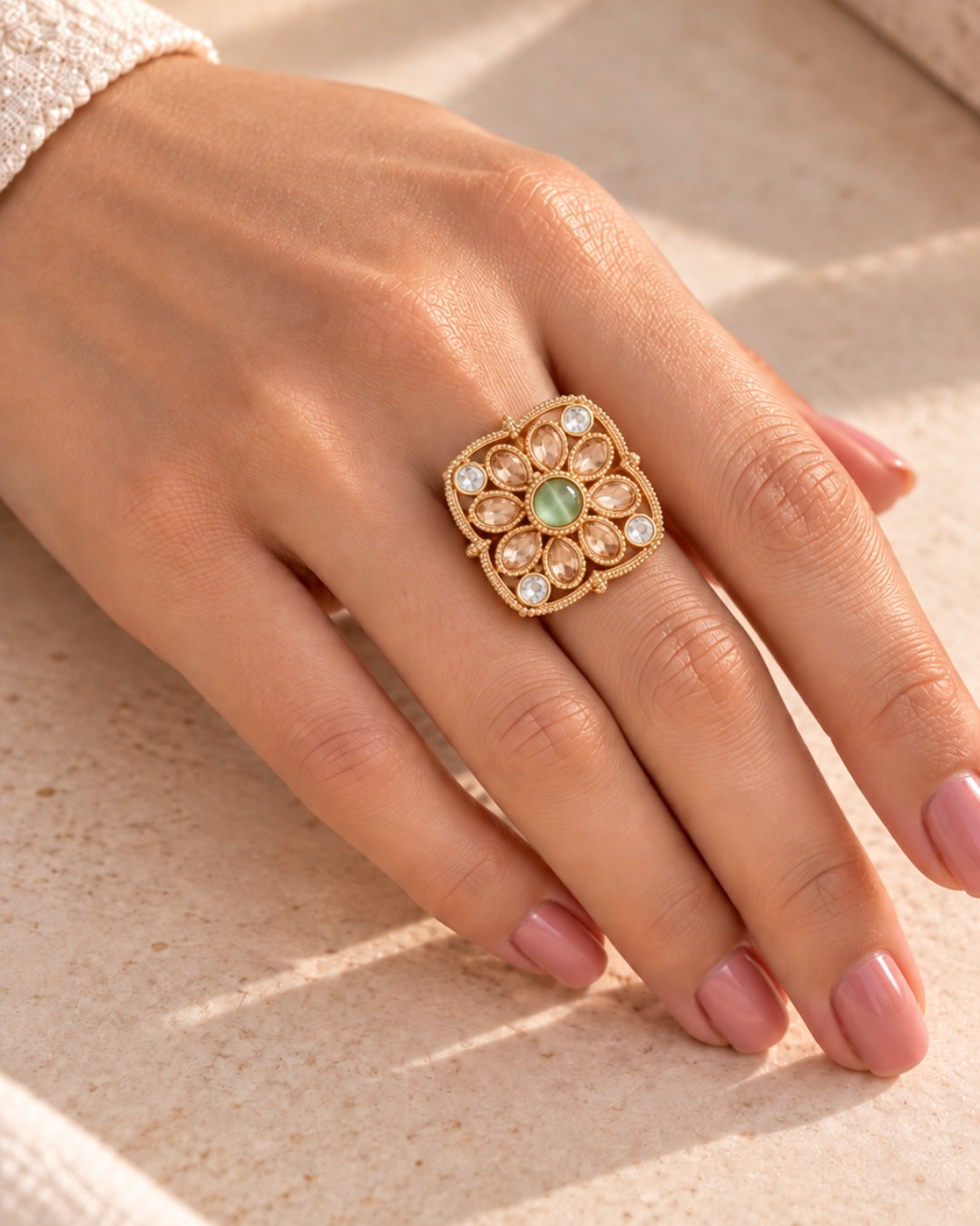 Gold-Plated Clover-Shaped Mint Stone Ring