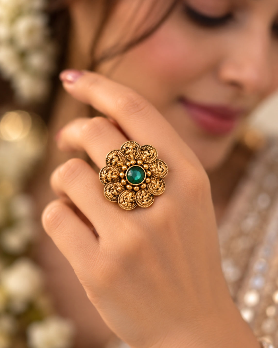 Temple Gold Plated Emerald Laxmi Coin Adjustable Ring