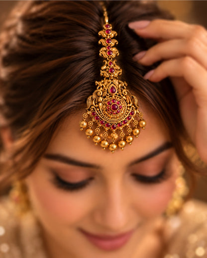 Gold-Plated Handcrafted Golden Beaded Embellished Maang Tikka
