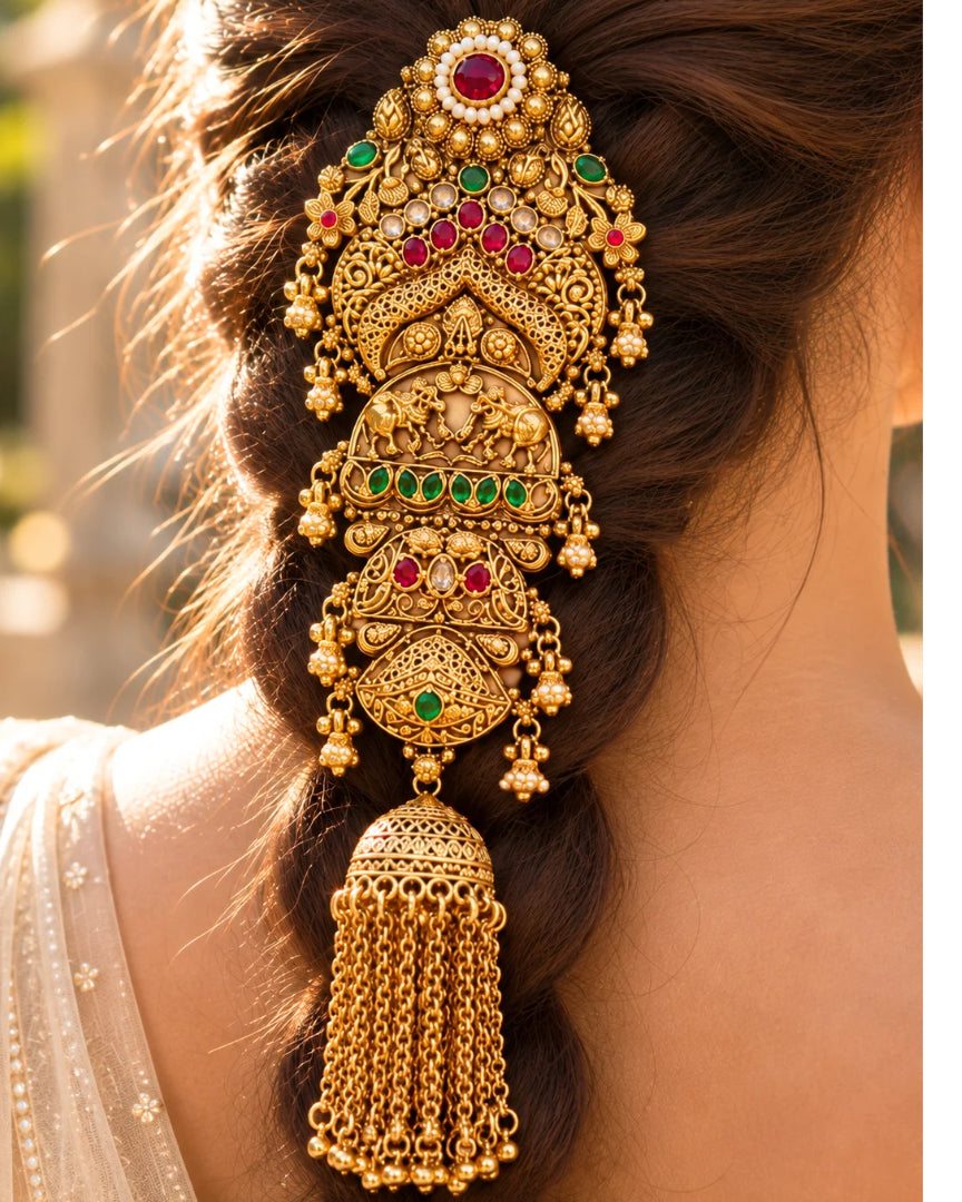22K Micron Gold Plated Multicolour Stone Studded & Beaded Hair Accessory with Jhumka Drop