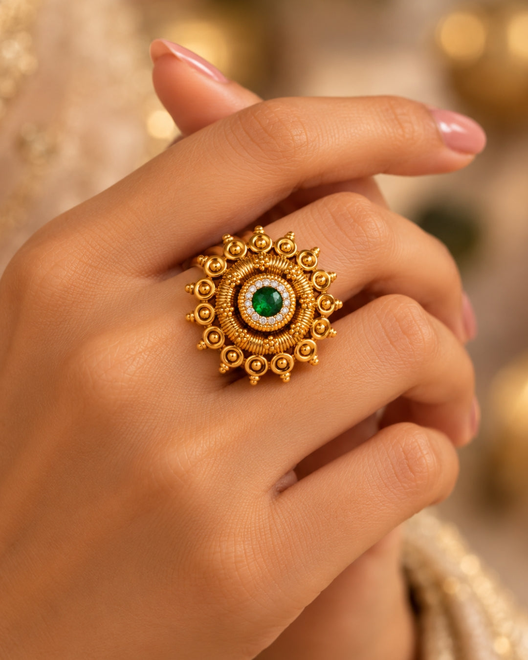 Gold Plated Emerald & AD Studded Floral Ring