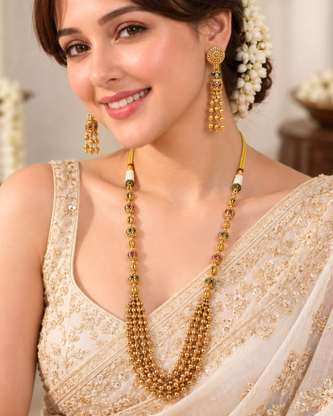 Long Multilayer Beaded Multistone Necklace & Dangler Earrings