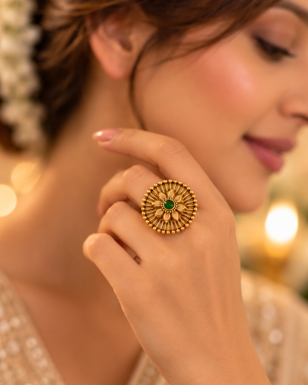 Floral Designed gold plated Round Emerald studded ring