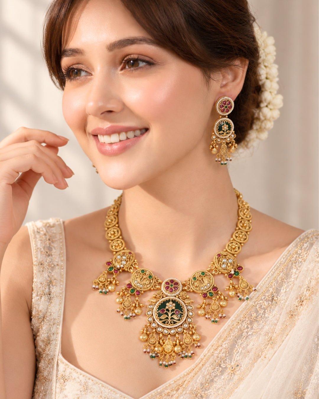 Rajwadi Emerald Multi-stone Gold Plated Necklace Set