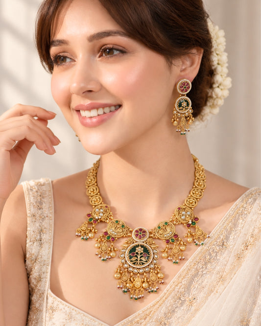 Rajwadi Emerald Multi-stone Gold Plated Necklace Set