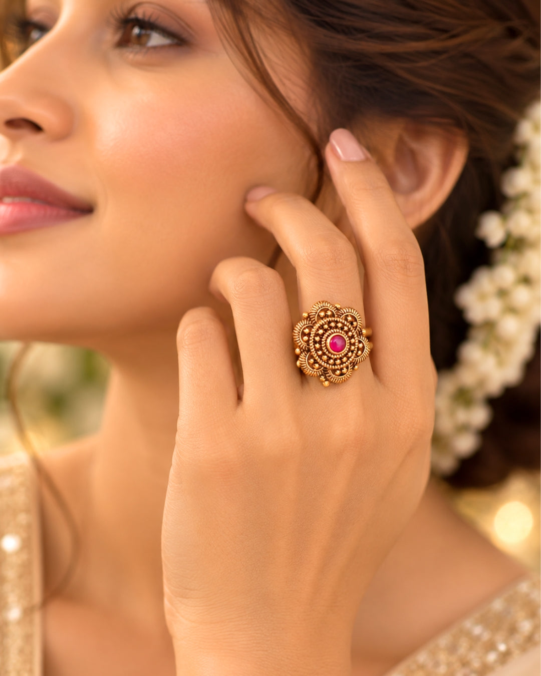 Antique Gold Plated Ruby Floral Carved Adjustable Ring