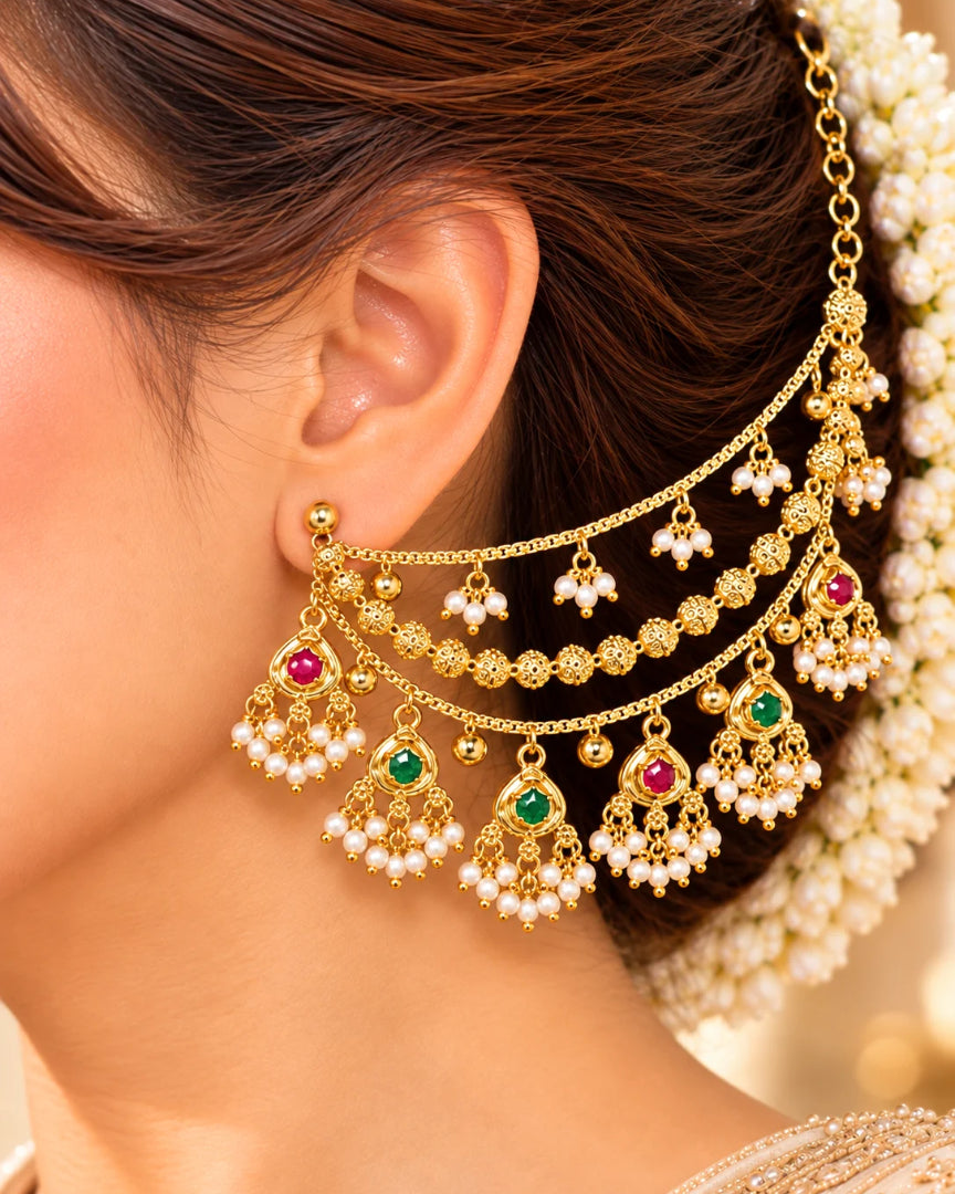 Women Brass 22K Micron Gold Plated Jadau Multilayer Earchain with Star Elements