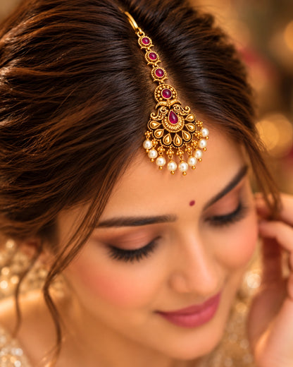Gold-Plated Ruby Studded off White Beads Maang Tikka