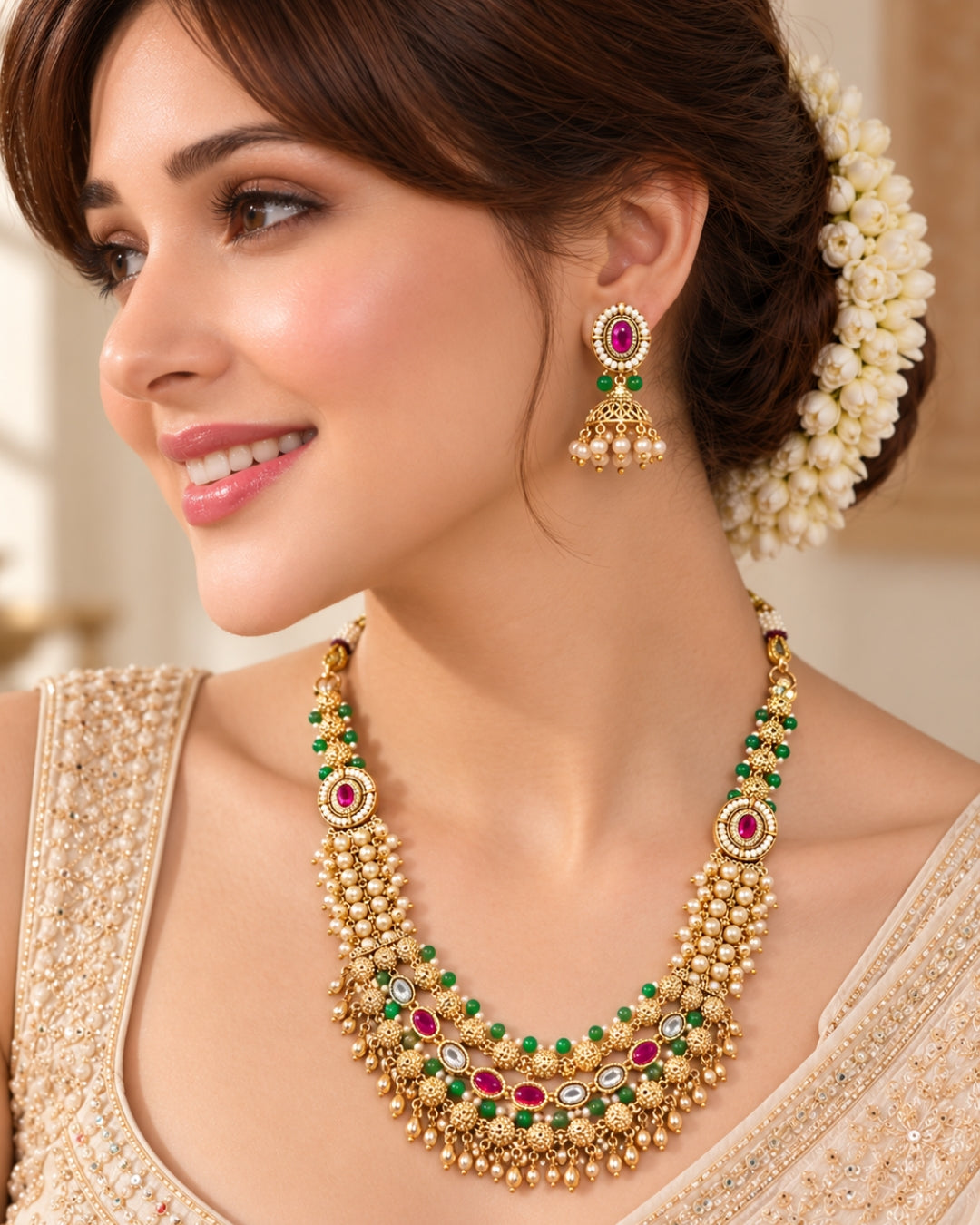 Jadau Traditional Necklace Set with Emerald Pearl and Ruby Detailing