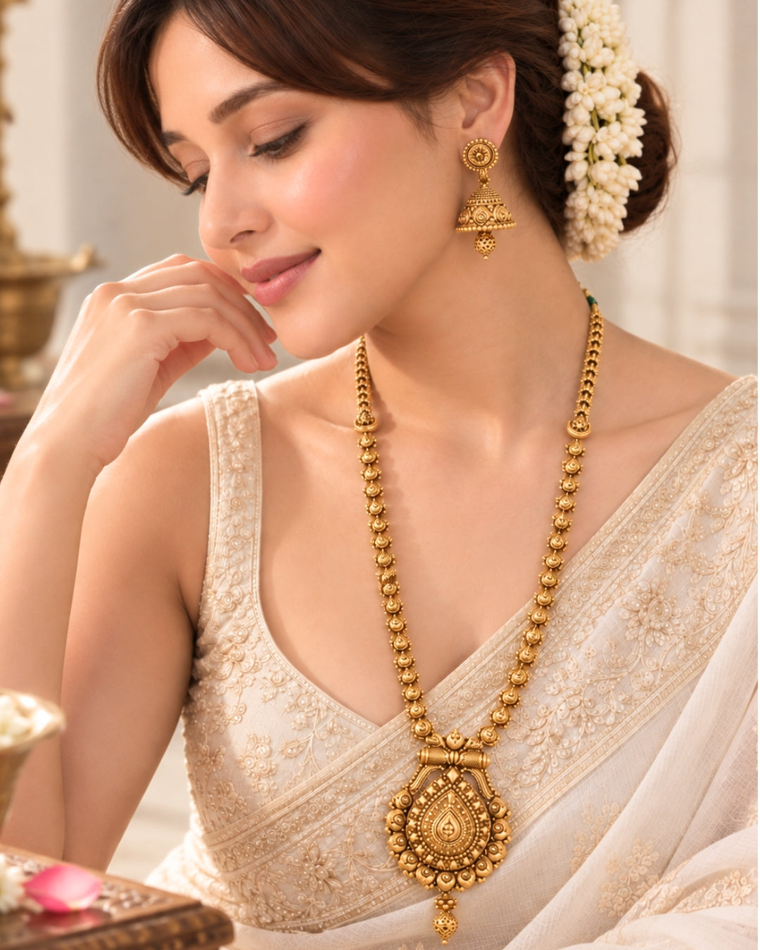 Long Traditional Gold-Plated Necklace Set with Jhumka