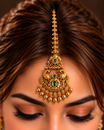 Antique Gold Plated Peacock Green Stone Maang Tikka