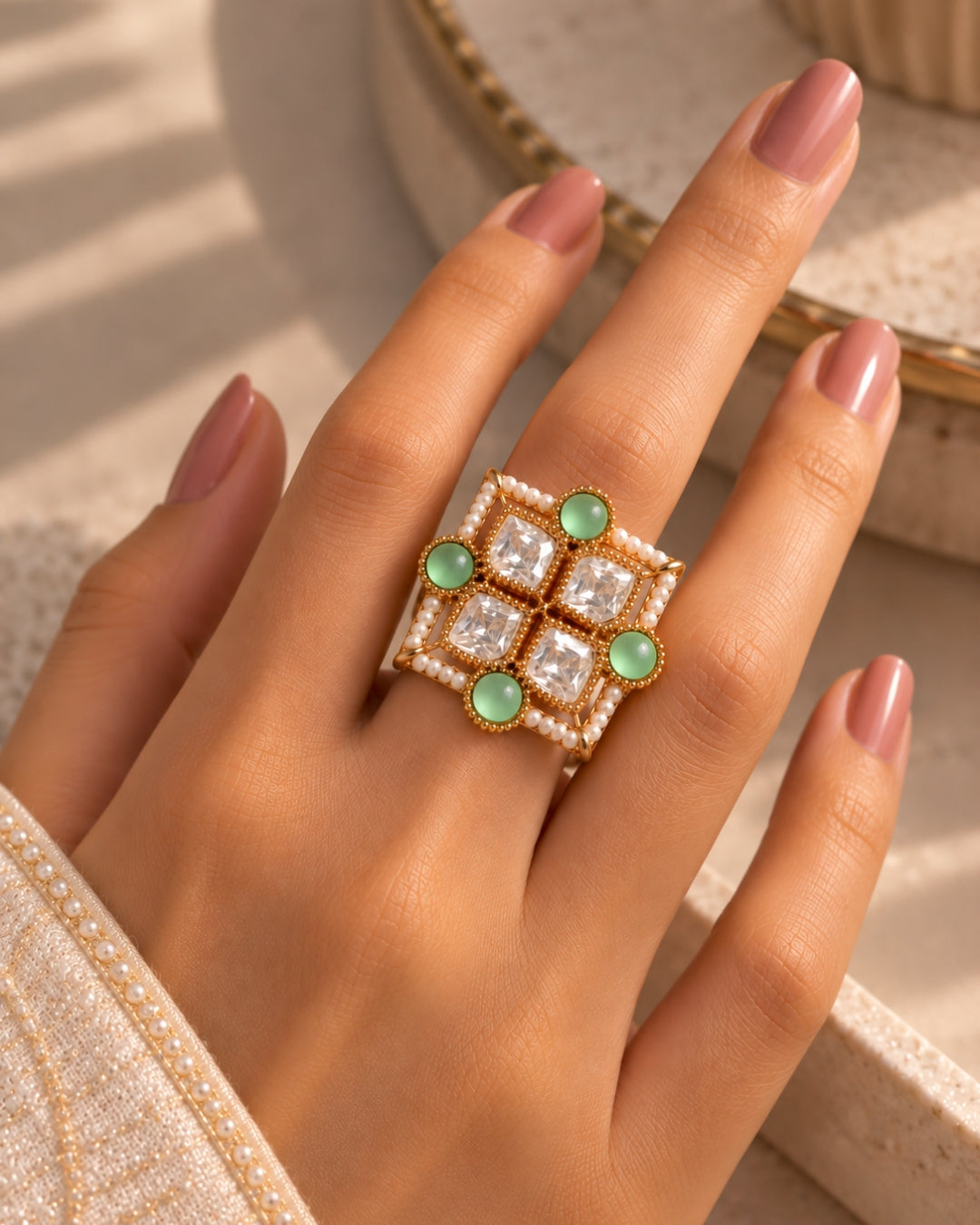 Square Kundan & Mint Green Pearl Studded Ring