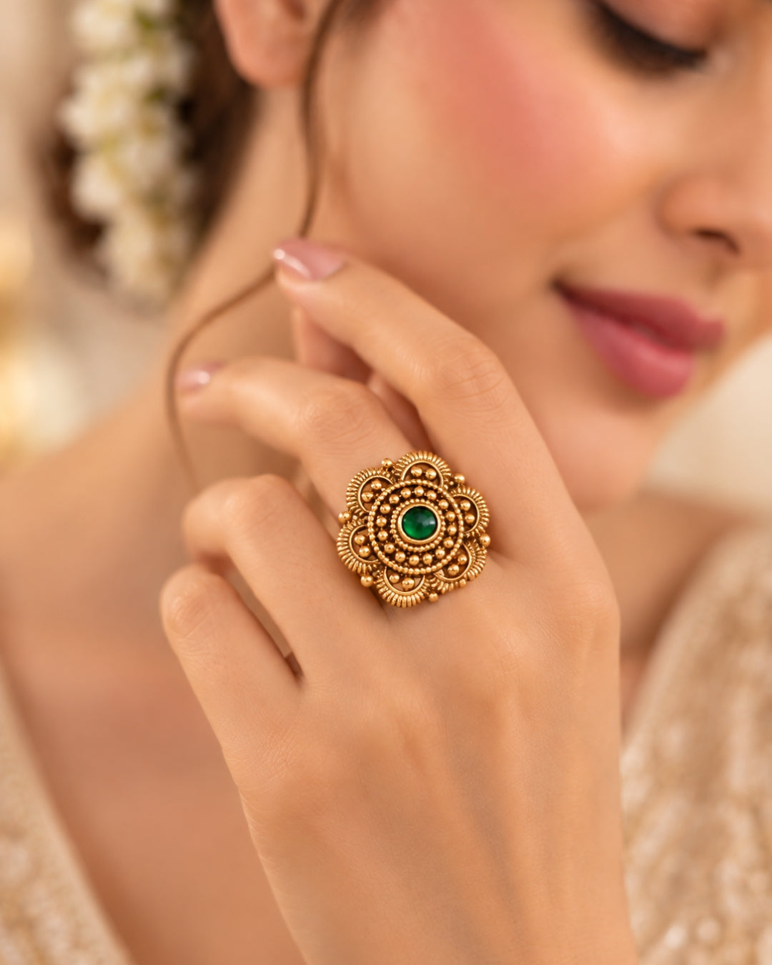 Antique Gold Plated Emerald Floral Carved Adjustable Ring