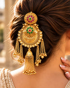 22K Micron Gold-Plated Rajwadi Jadau Stone & Beaded Hair Accessory with Jhumka Drop