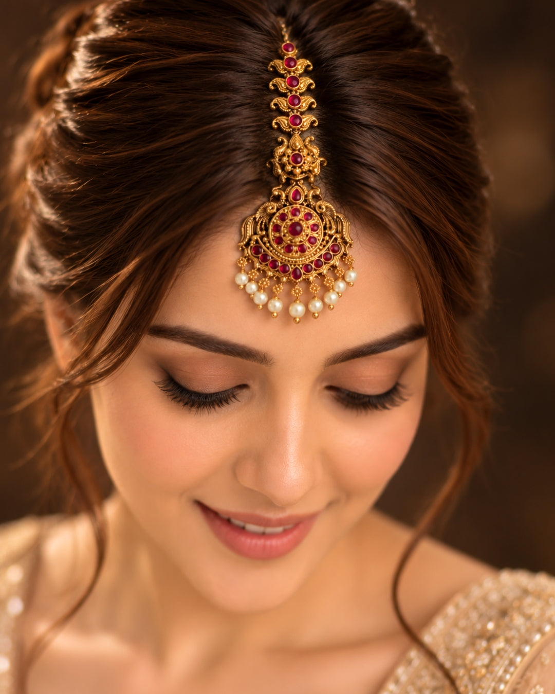 Handcrafted White Beads & Red Stones Maang Tikka