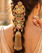 22K Micron Gold Plated Bridal Pearl & Stone Beaded Hair Accessory with Jhumka Drops