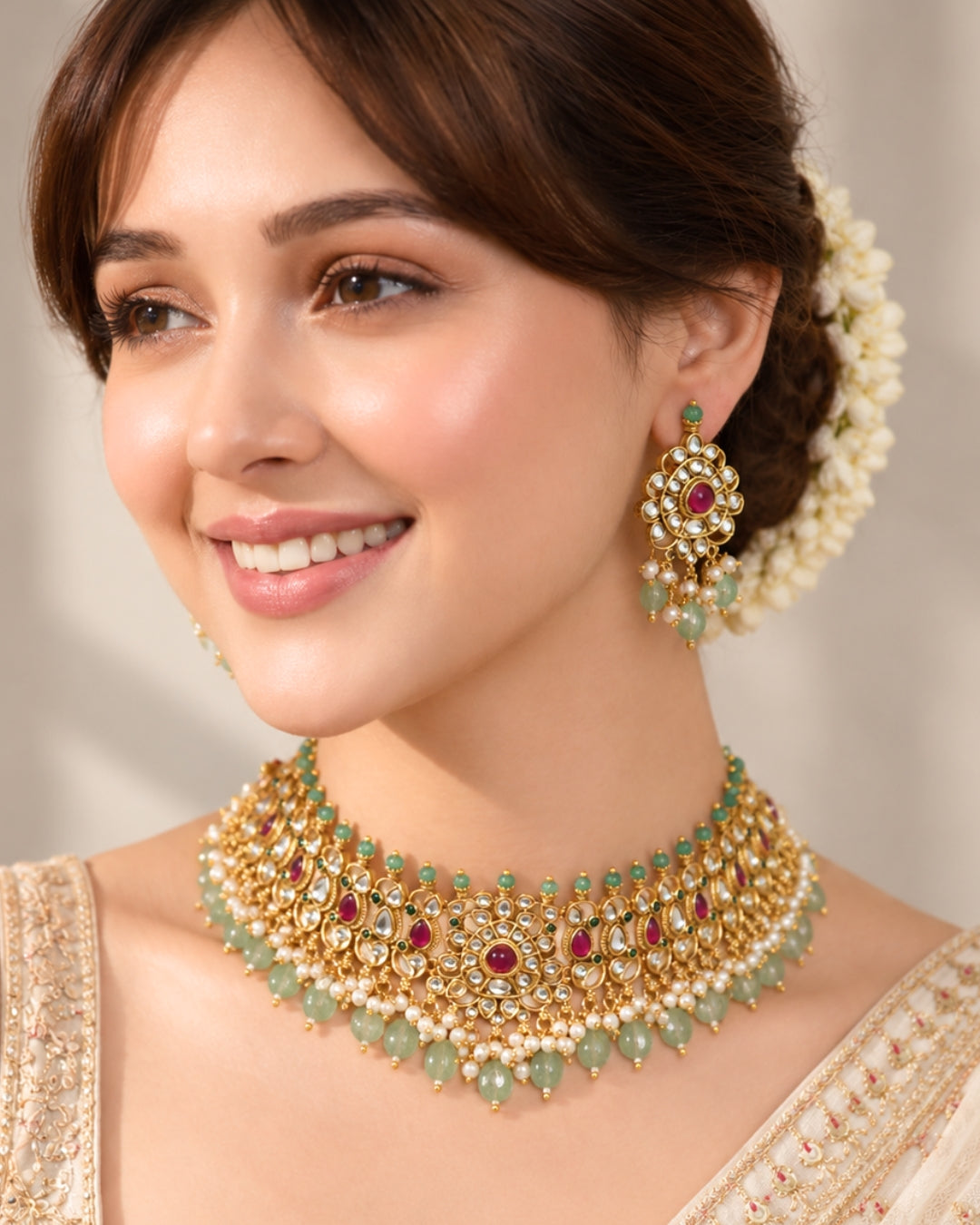 Kundan Studded & Mint Beaded Gold-Plated Choker Necklace Set