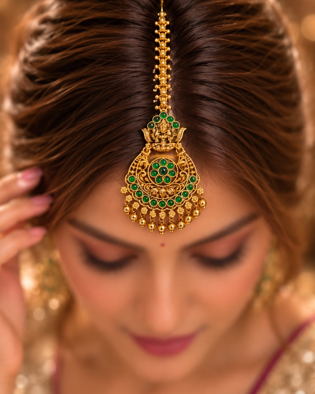 Temple Gold Plated Green Stone Maang Tikka