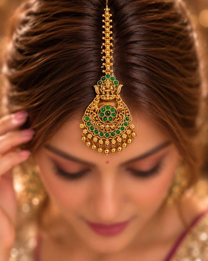 Temple Gold Plated Green Stone Maang Tikka