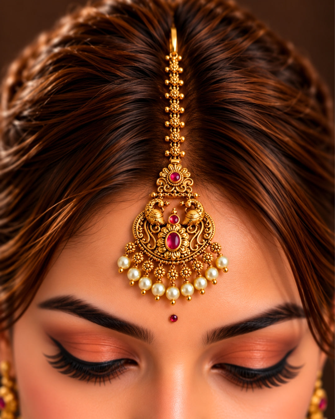 Antique Gold Plated Peacock Red Stone Maang Tikka