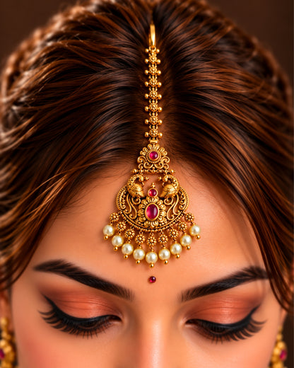 Antique Gold Plated Peacock Red Stone Maang Tikka