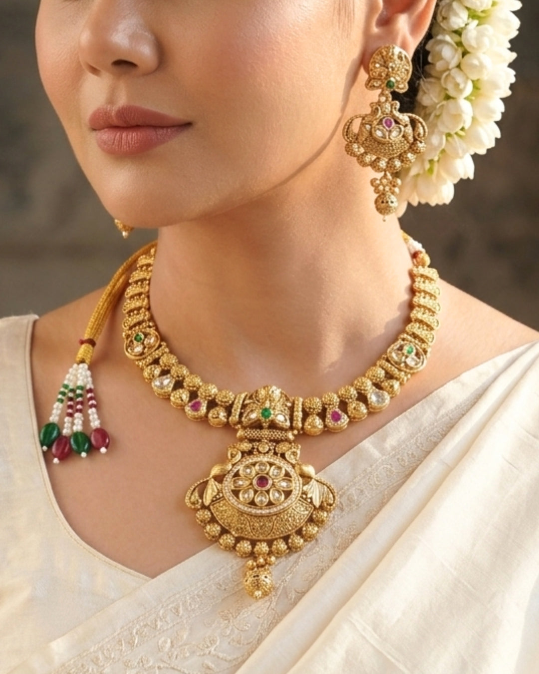 Gold-Plated Multi-stone Studded Necklace & Earrings Set