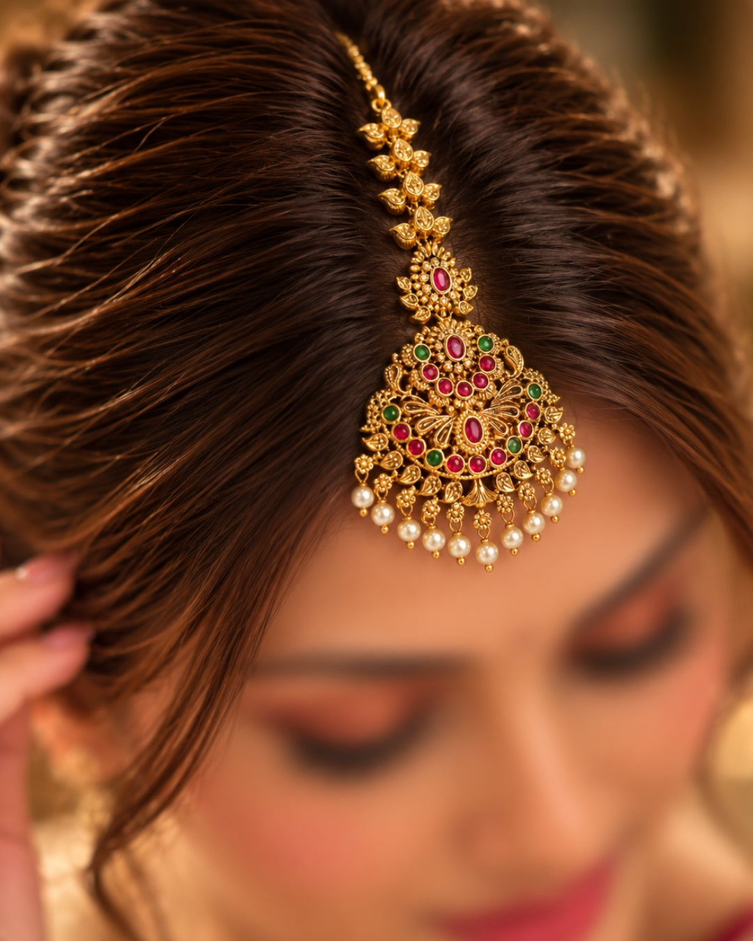 Red & Green studded with beads Gold plated Maang Tikka