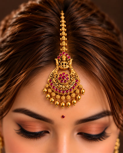Temple Gold plated Red stone Maang Tikka