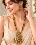 Traditional 22K Micron Gold Plated Long Heritage Necklace Set with Heavy Circular Pendant