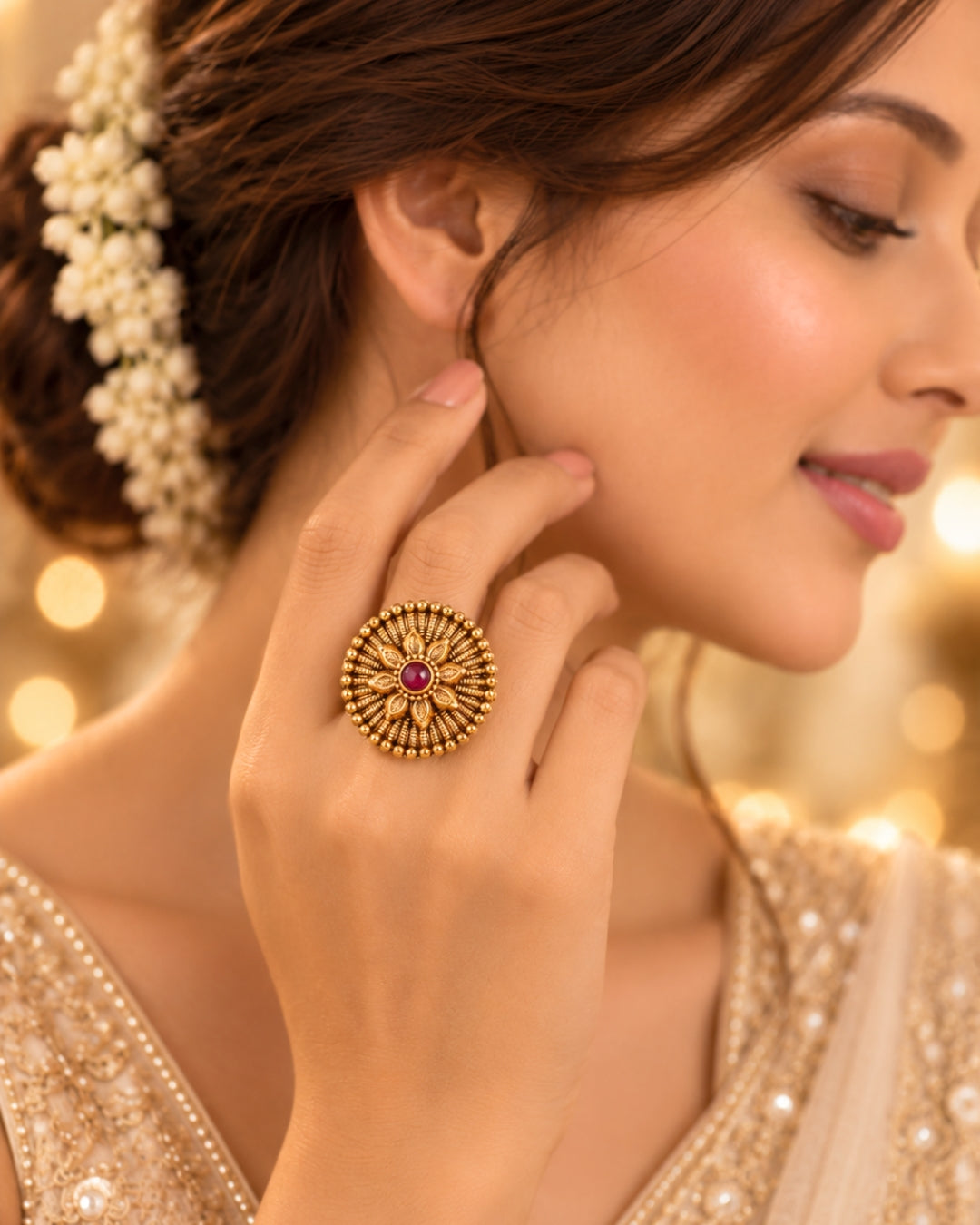 Floral-Designed Gold-Plated Round Ruby Studded Ring