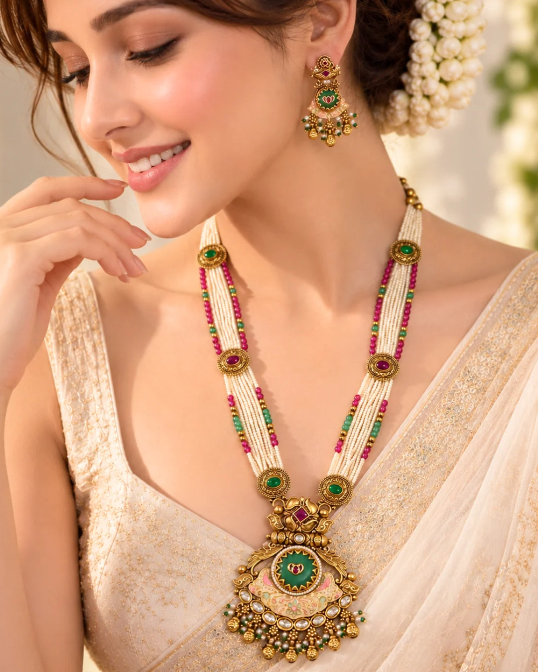 Traditional 22k Micron Gold Plated Long Heritage Jadau Necklace Set with Pearl Detailing