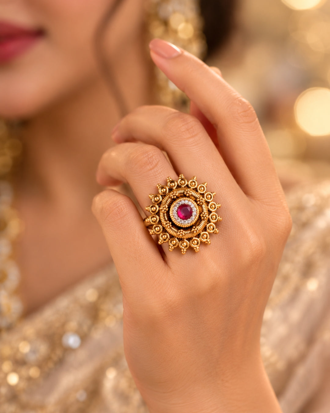 Antique Gold Plated Ruby & AD Studded Floral Ring