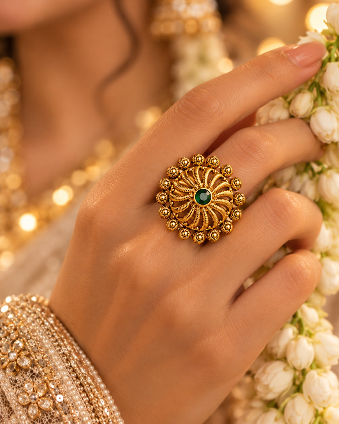 Gold Plated Emerald Studded Adjustable Ring
