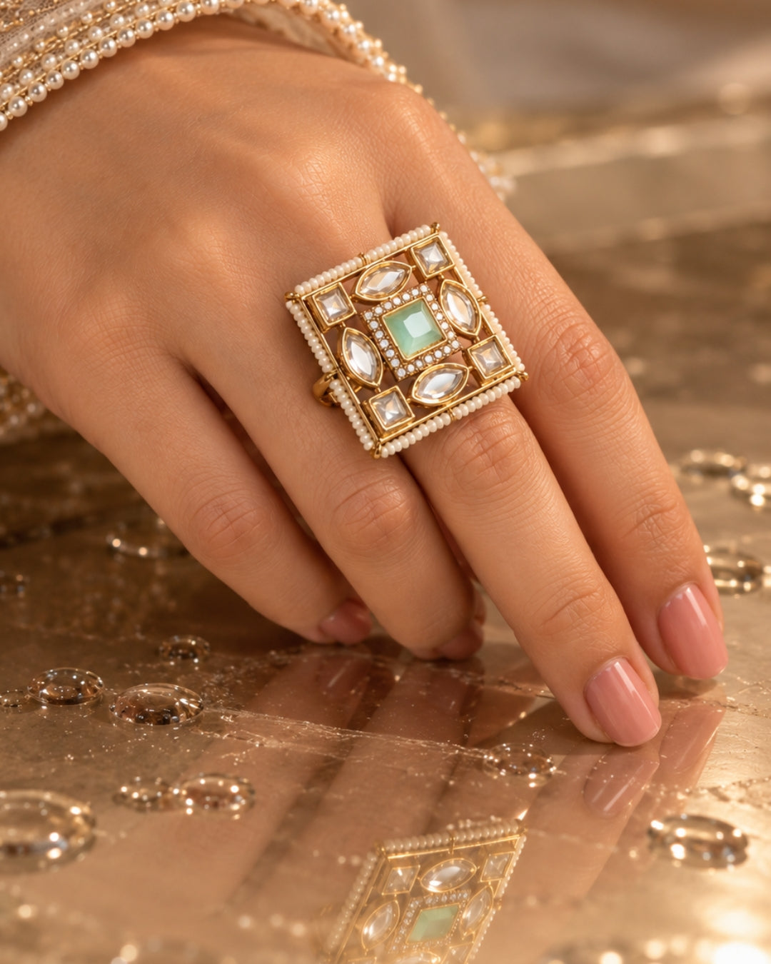 Square Gold Plated Kundan Mint Green & AD Pearl Ring